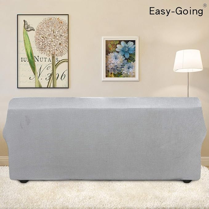 Easy-Going Stretch 4 Seater Sofa Slipcover 1-Piece Sofa Cover Furniture Protector Couch Soft with Elastic Bottom for Kids, Polyester Spandex Jacquard Fabric Small Checks Silver Gray