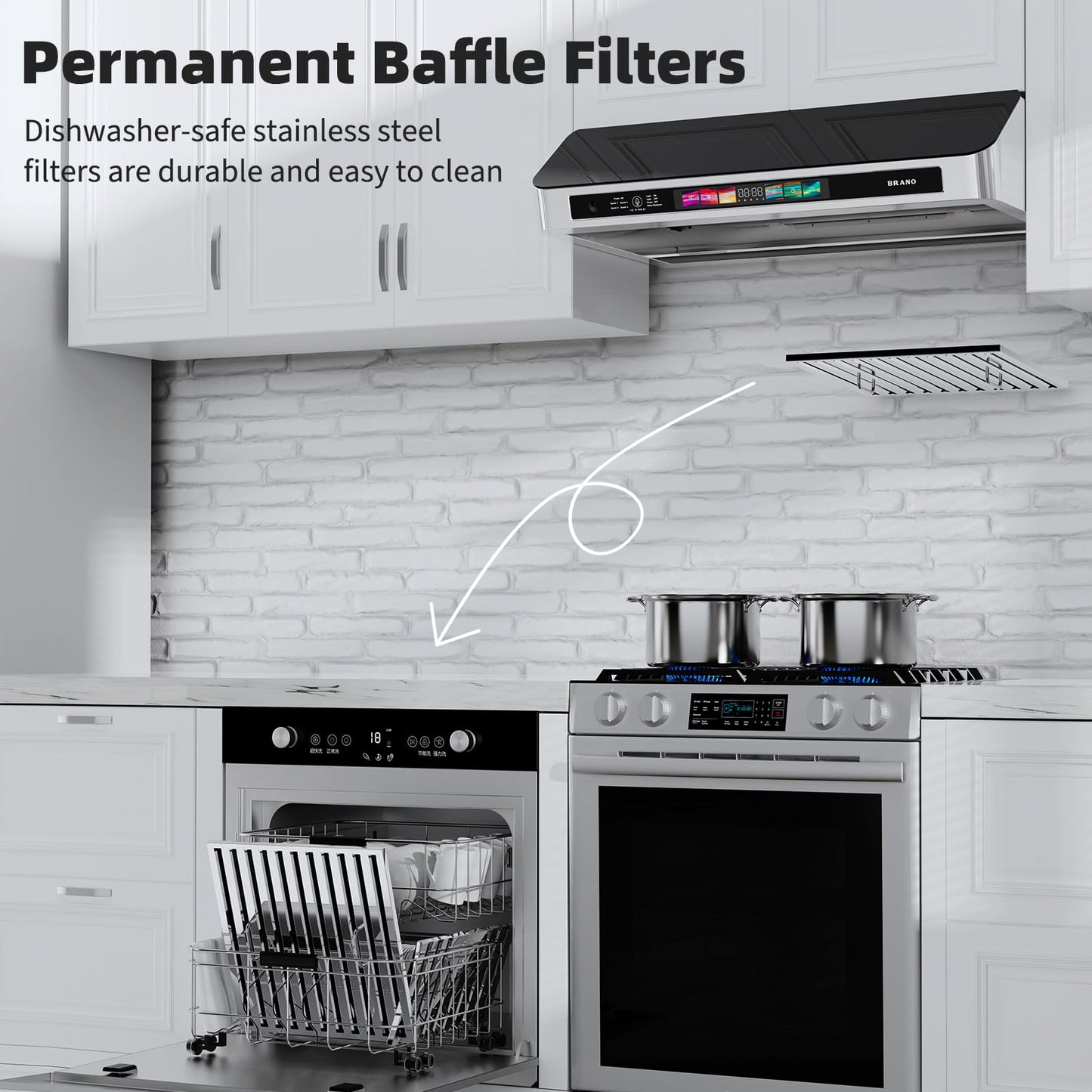 Under Cabinet Range Hood 36 Inch with Voice/Gesture/Touch Control, 900 CFM Stainless Steel & Upgraded Black Tempered Glass Ducted Kitchen Vent Hood with 4 Speed, Memory Mode, Adjustable Lights