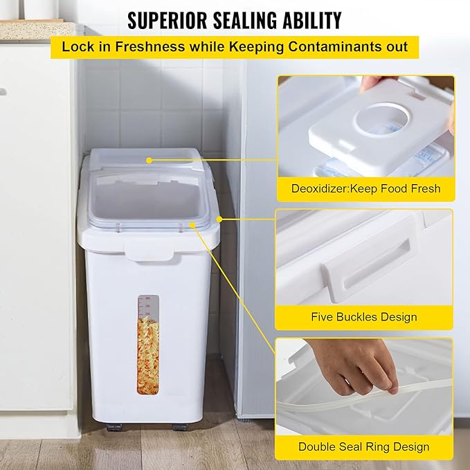 VEVOR Ingredient Storage Bin, 11.4 Gallon Capacity Shelf Ingredient Bin, 280 Cup Flour Bins on Wheels Commercial Prosave Shelf-storage Ingredient Bin with Lid and Scoop Rice Bin for Kitchen White