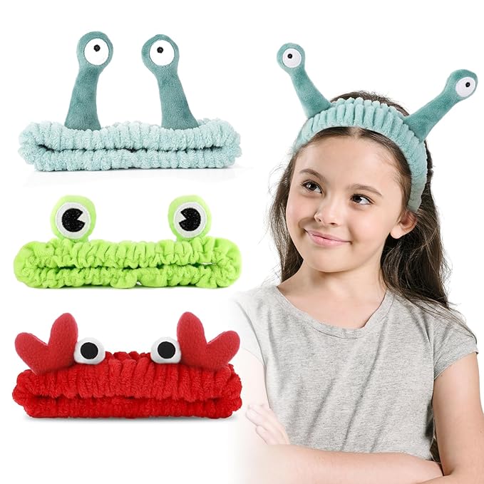 3 Pieces Face Wash Hairband Spa Headband Facial Makeup Hair Band Skincare Head Wraps Cartoon Elastic Head Band Cute Frog Snail Crab Creative Hair Accessories for Shower Beauty Sports