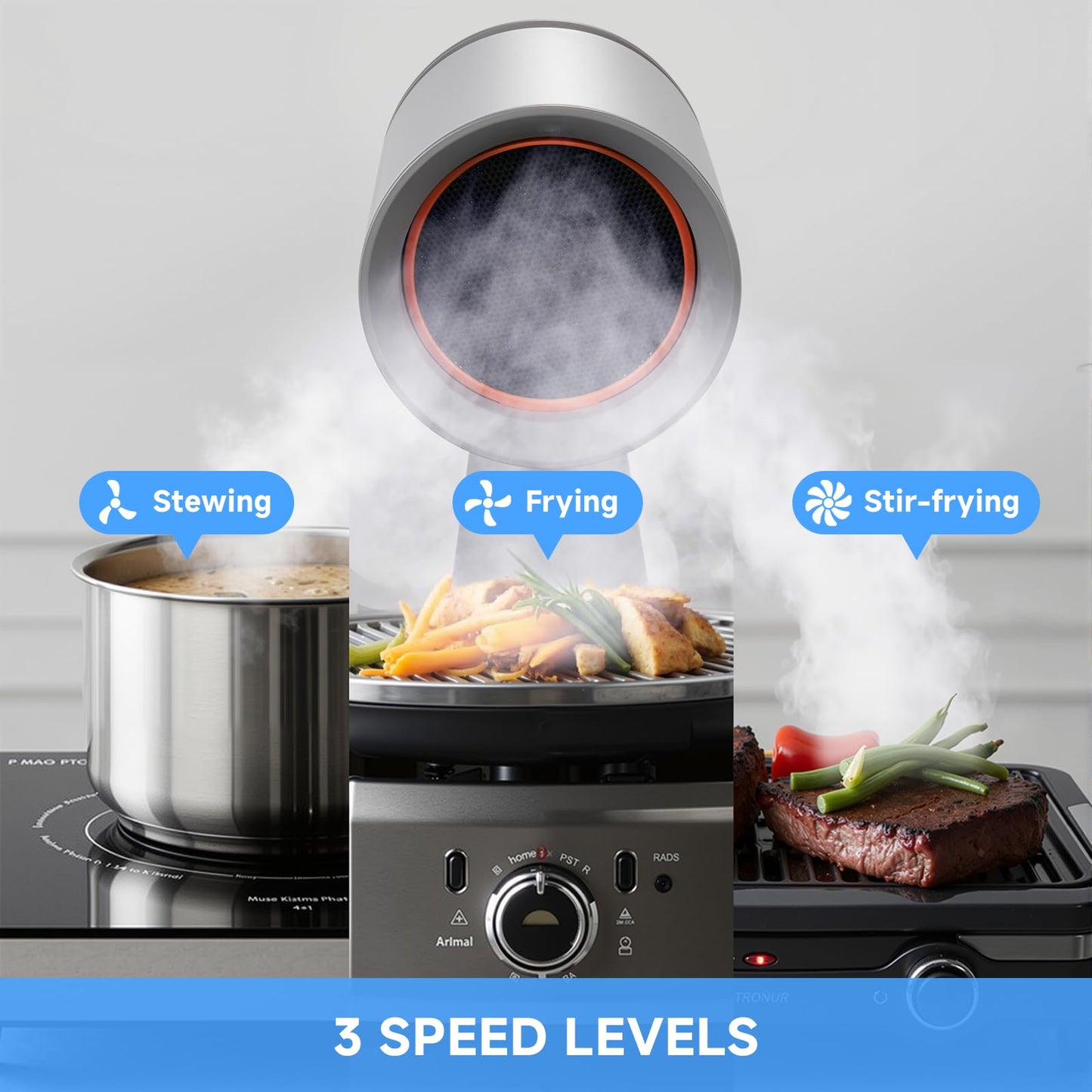 AMZRVSTUDIO Portable Range Hood 3-Speed Suction Desktop Compact Range Hood with 3 Activated Carbon High-Absorption Cotton Replace Filter Low Noise Kitchen Exhaust Fan (grey)