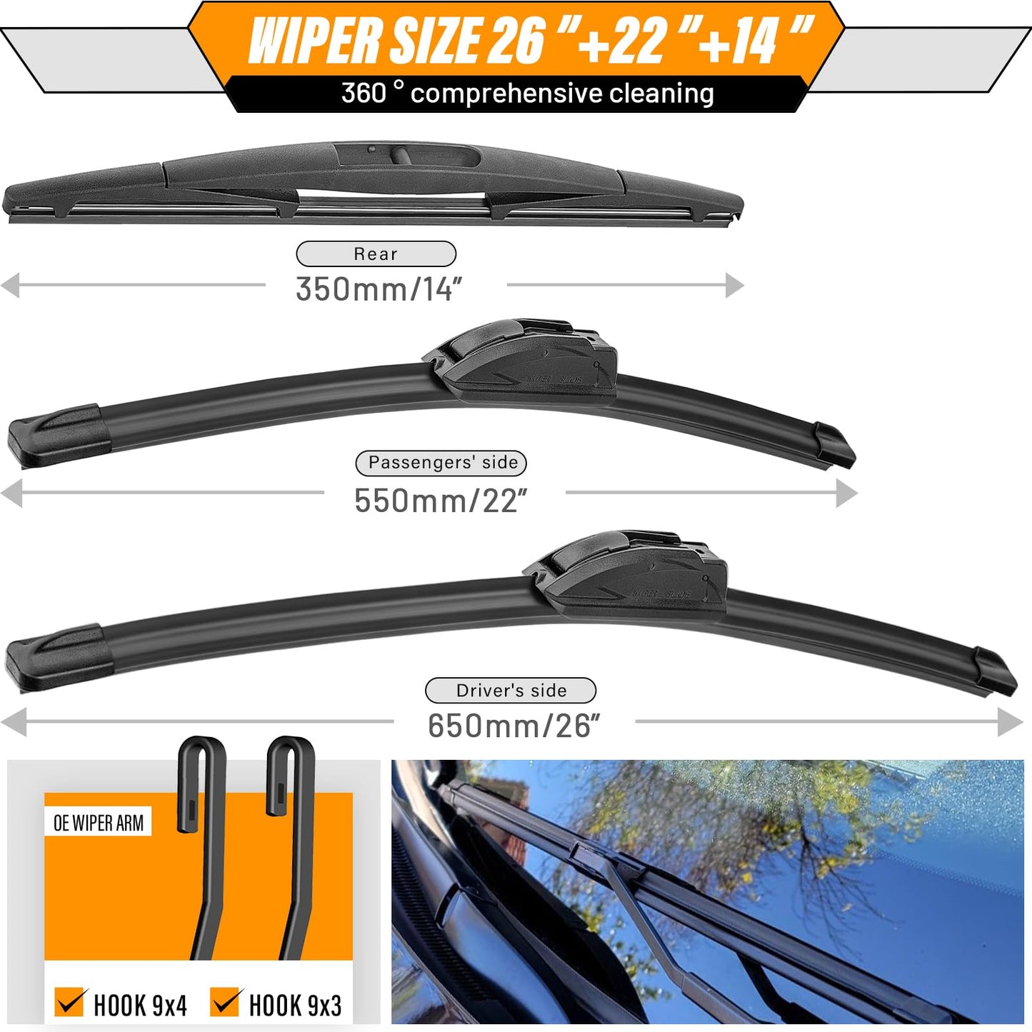 AUTOBOO 26"+22" Windshield Wipers Blades Replacement for Honda Pilot 2023 2024 2025 with 14 Inch Rear Wiper Blade -Original Factory Quality (Pack of 3)