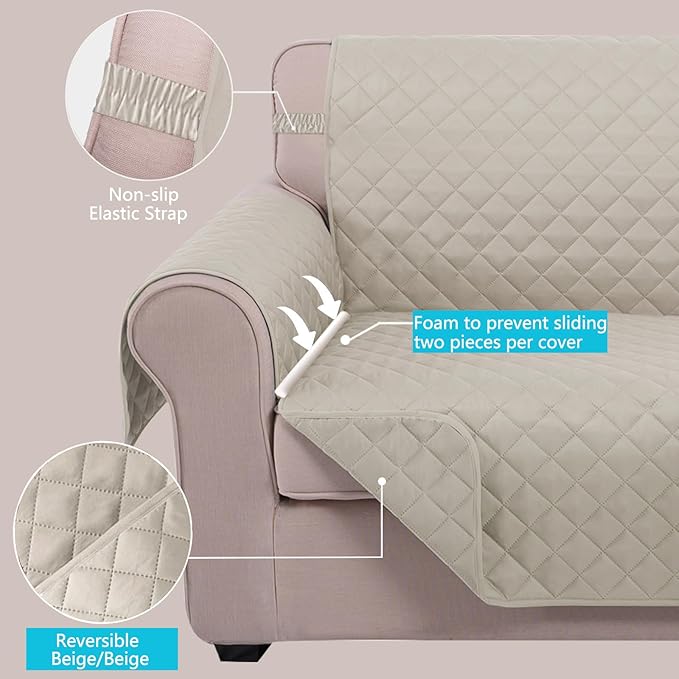 U-NICE HOME Loveseat Sofa Cover Reversible Couch Covers for 2 Cushion Couch for Dogs Furniture Protector Cover with Elastic Straps Water Resistant(Loveseat Small, Beige/Beige)
