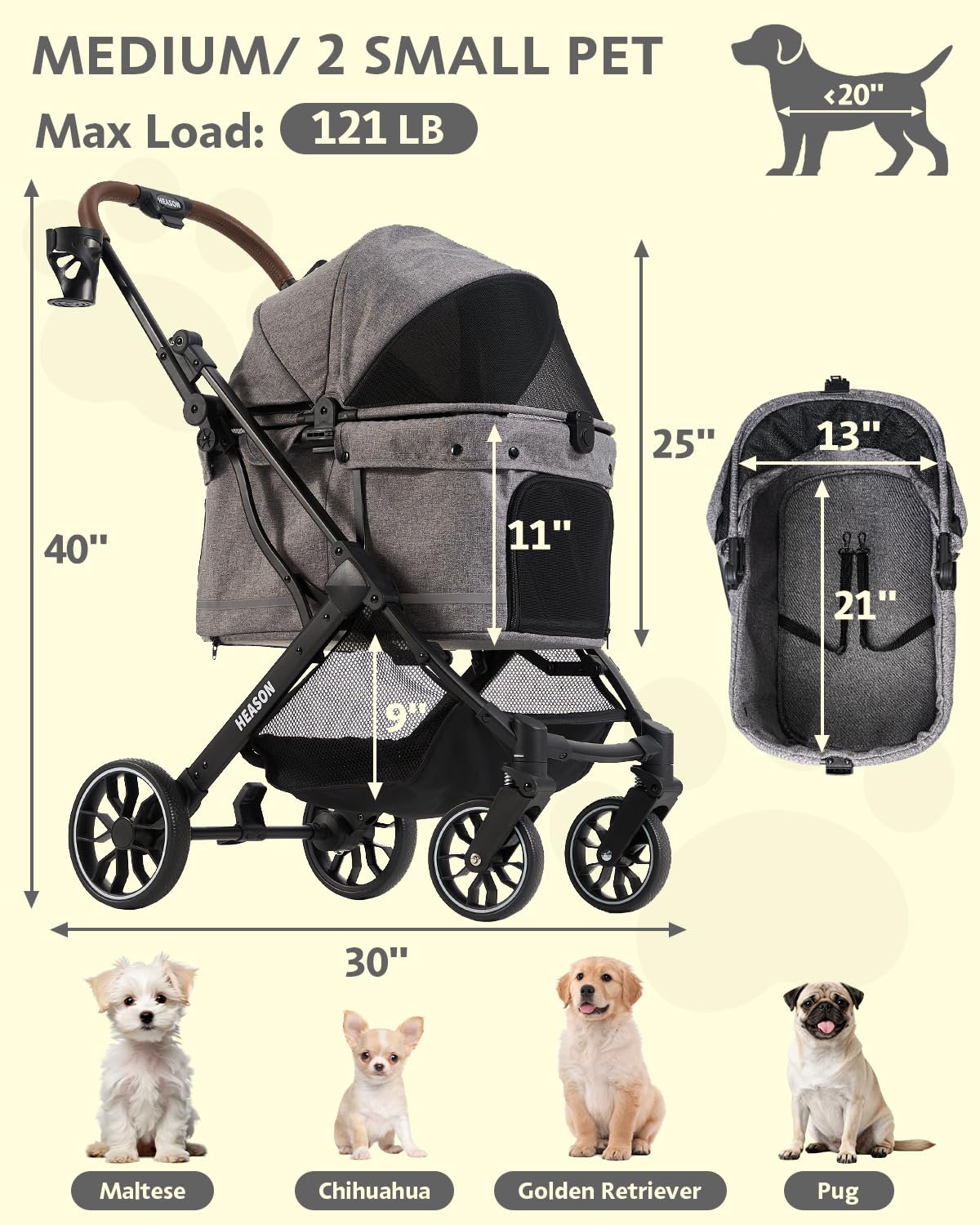 Dog Stroller with Waterproof Rain Cover, Heavy-Duty All-Terrain 4-Wheel Pet Stroller with Adjustable Sunshade Canopy, Foldable Travel Dog Strollers for Small/Medium Dogs Up to 121 lbs