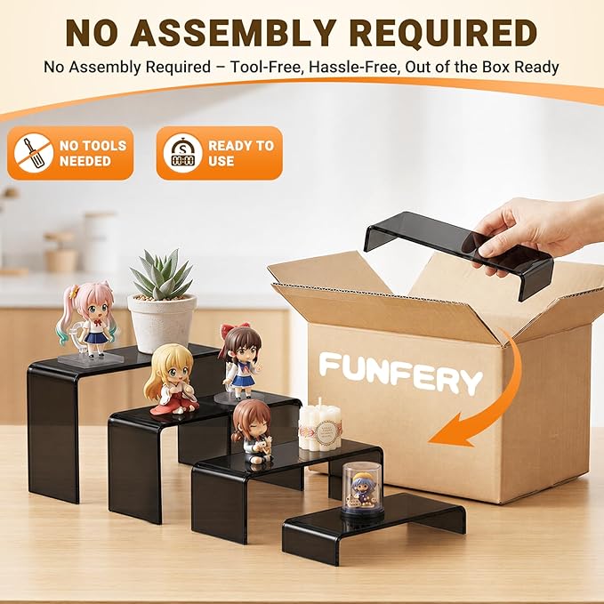 FUNFERY Acrylic Display Risers, 2 Set(7.8" L~8.2" L~8.6" L~9Ã¢ÂÂL) Display Shelf for Figure, Collectibles, Cupcake, Black Acrylic Stands for Dessert, Jewelry, Candy Showcase, 4 Tier Action Figure Stand