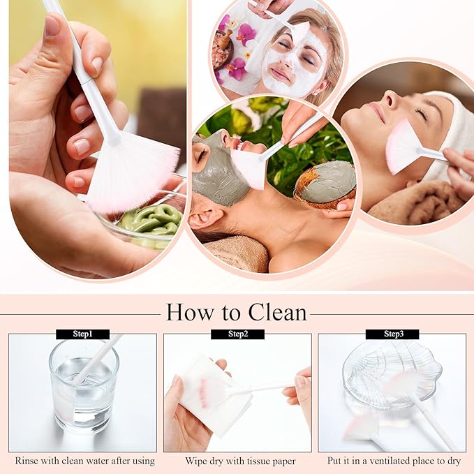 9 Pieces Facial Fan Mask Brushes, Soft Facial Applicator Brushes Tools for Peel Glycolic Makeup for Mud Cream(White Pink)