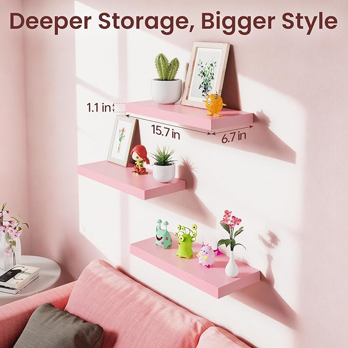 BAYKA Pink Floating Shelves for Wall Set of 3, 15.7in Wood Wall Shelves for Bathroom, Bedroom, Living Room Decor Organize, Hanging Shelf for Books/Storage/Display with 22lbs Capacity