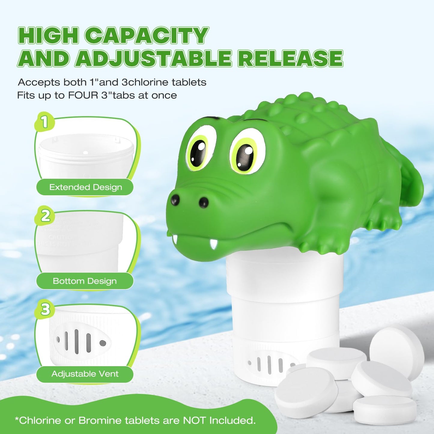 ODJSY Pool Chlorine Floater,Large Capacity Floating Chlorine Dispenser-Fits 1 & 3 Inch Tablets,Hard Plastic Material Prevents Aging,Applicable to Swimming Pools, Spas, Hot Tubs (Crocodile)