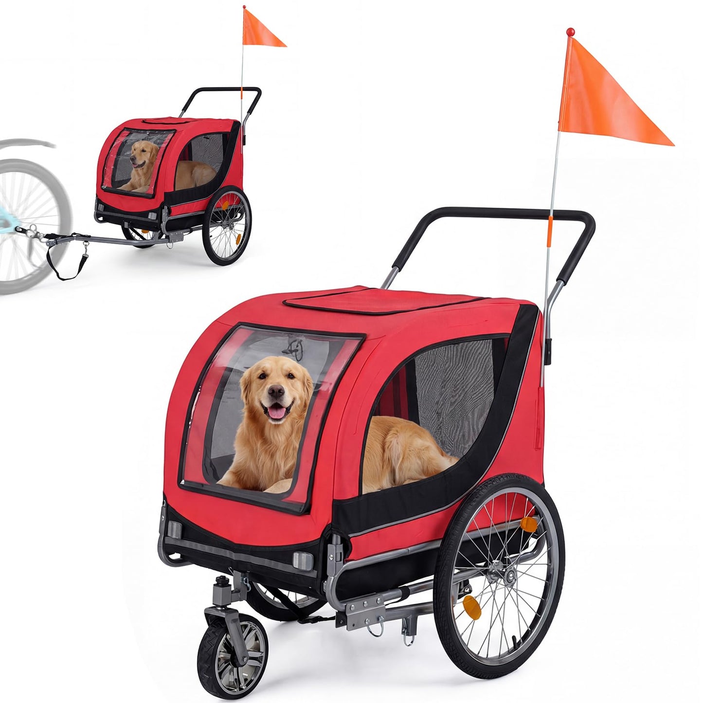 Giantex 2-in-1 Dog Bike Trailer & Pet Stroller for Large Dogs – Foldable Pet Carrier Cart with Front Caster & 2 Air-Filled Tires, Breathable Mesh, PVC Rain Cover, 176 lbs Capacity (Red)