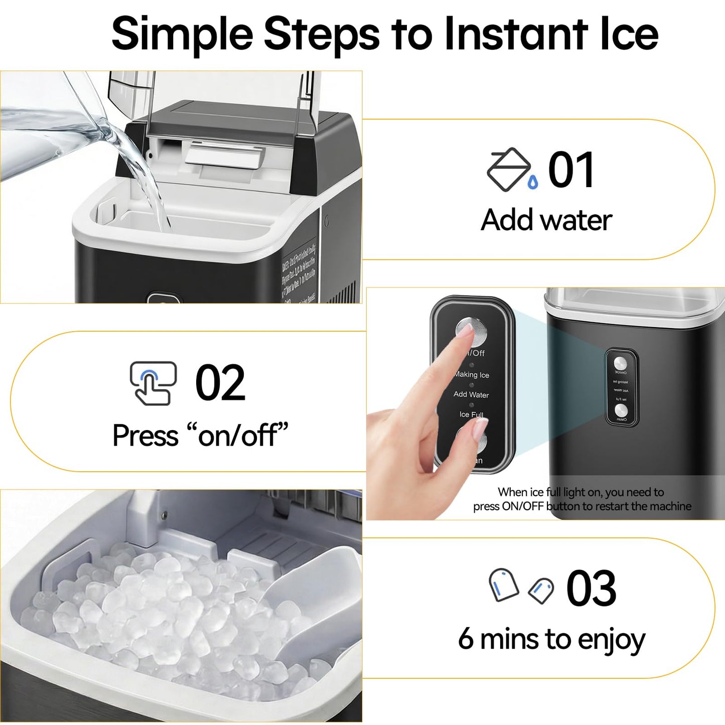 KMFurnila Nugget Ice Maker Countertop, Portable Ice Makers Machine with Removable Basket and Scoop, Self-Cleaning, Quiet, 6-Min Ready, 24lbs in 24Hrs, Visible, for Home, Party, RV, Camping, Black