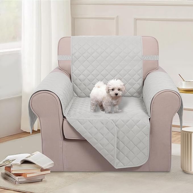 U-NICE HOME Recliner Chair Covers Reversible Chair Cover Pet Covers for Dogs with Elastic Straps Water Resistant Diamond Quilted (23''Armchair, Light Grey/Light Grey)