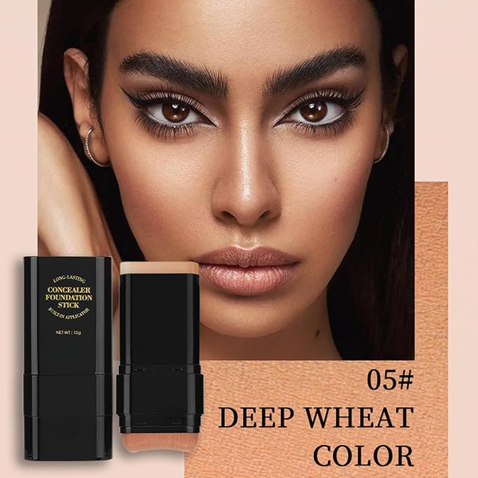 Foundation Stick, 2 in 1 Dual-Ended Long-Lasting Concealer Korean Foundation Contour Stick, Waterproof Contouring foundation with Brush, Full Coverage Matte Finish for Face Makeup(05#DEEP WHEAT COLOR)