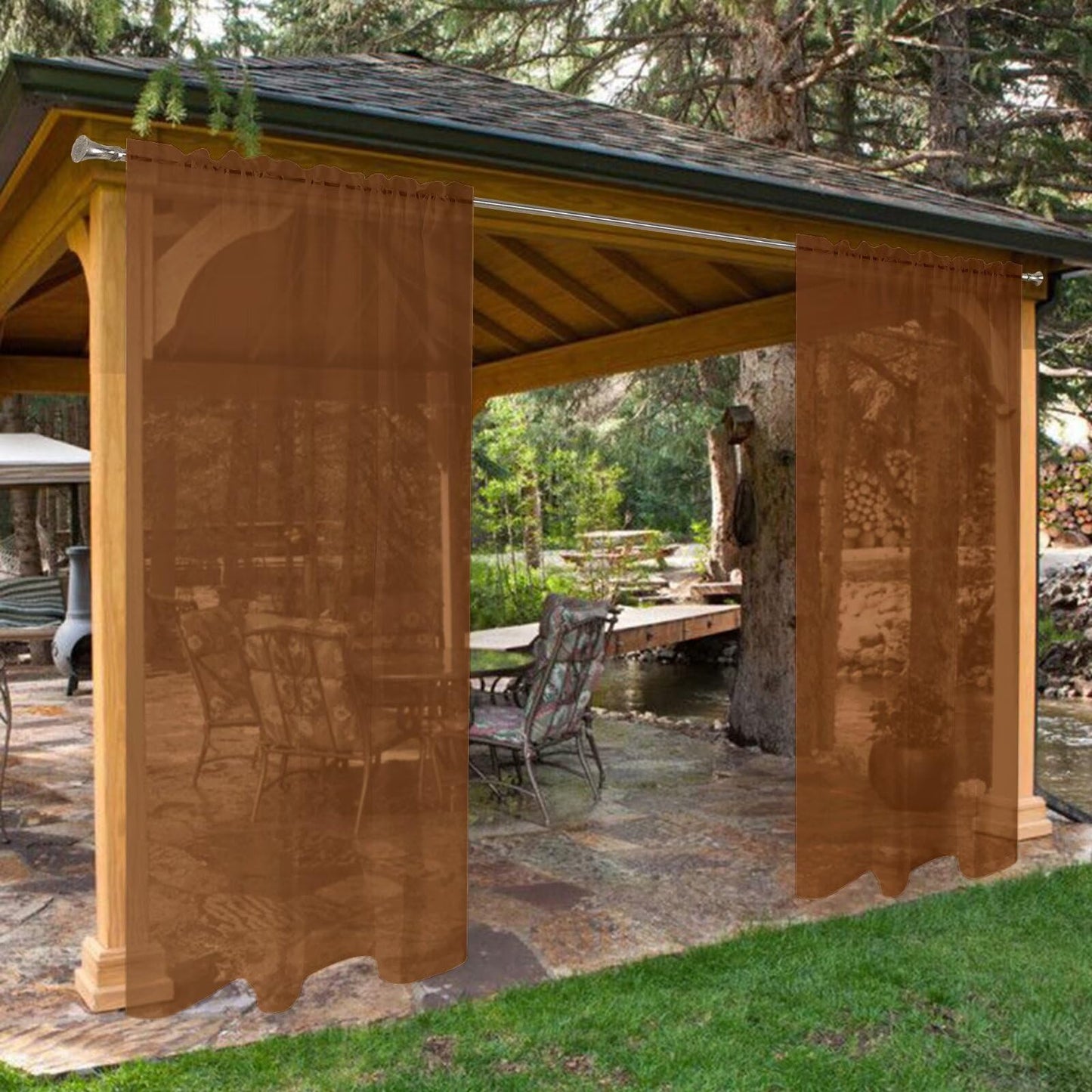 SpaceDresser Waterproof Outdoor Sheer Curtains for Patio - 4 Panels Rod Pocket Indoor Voile Sheer Curtain for Living Room,52W x 84L inch, Brown