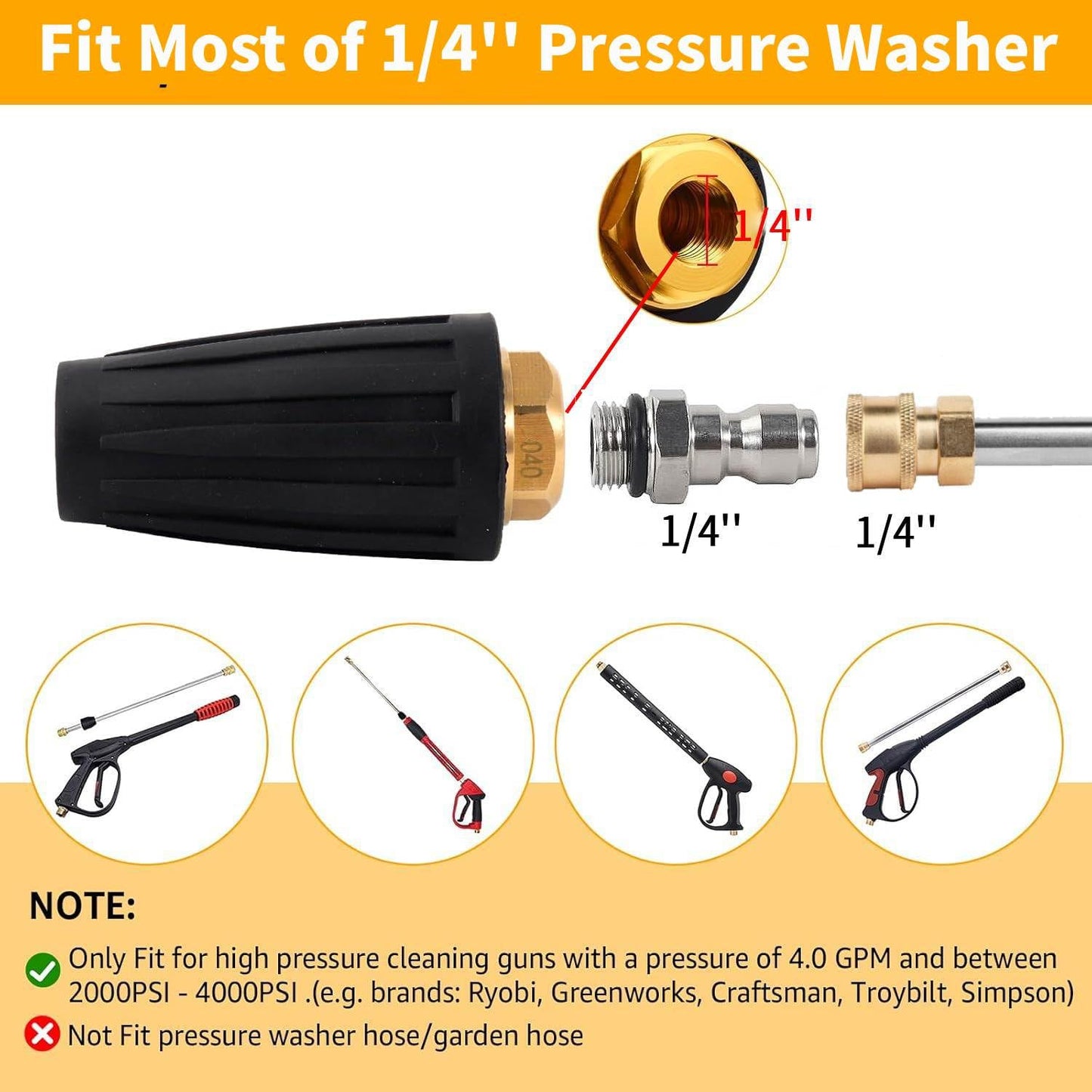 Pressure Washer Turbo Tip Max 4000PSI Turbo Nozzle Kit 360° Rotating Presure Washer Turbo Nozzles 1/4'' Quick Connect with 5 Nozzle Tips Kit Multiple Degrees(0, 15, 25, 40,Soap) 4.0 GPM 4.0 Orifice