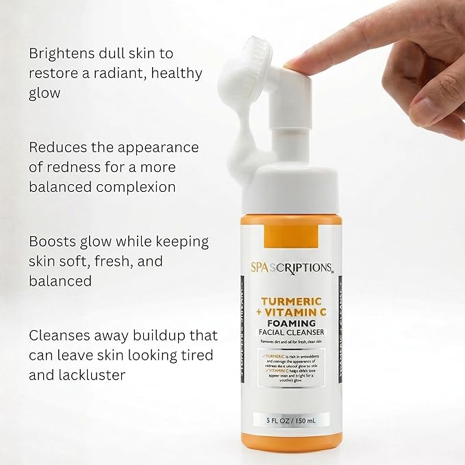 SpaScriptions 2 in 1 Cleanse & Exfoliate Foaming Facial Cleanser - Turmeric & Vitamin C Face Wash with Silicone Brush for Dullness & Uneven Skin Tone with Radiance Support for Daily Cleansing, 5 oz