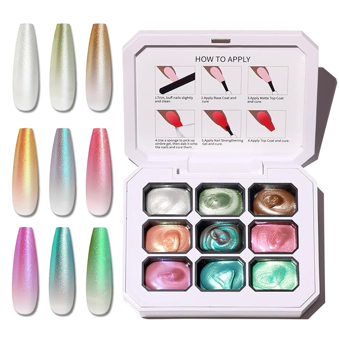Sponge Pat Paint Nail Gel, Blending Colors Ombre Nails Gradient Gel Nail Blush Blooming Aura Nails Drawing Stripper Floral Painting Nail Art, No Wipe, Aurora Mermaid Chrome Silk Satin (9 Colors L)
