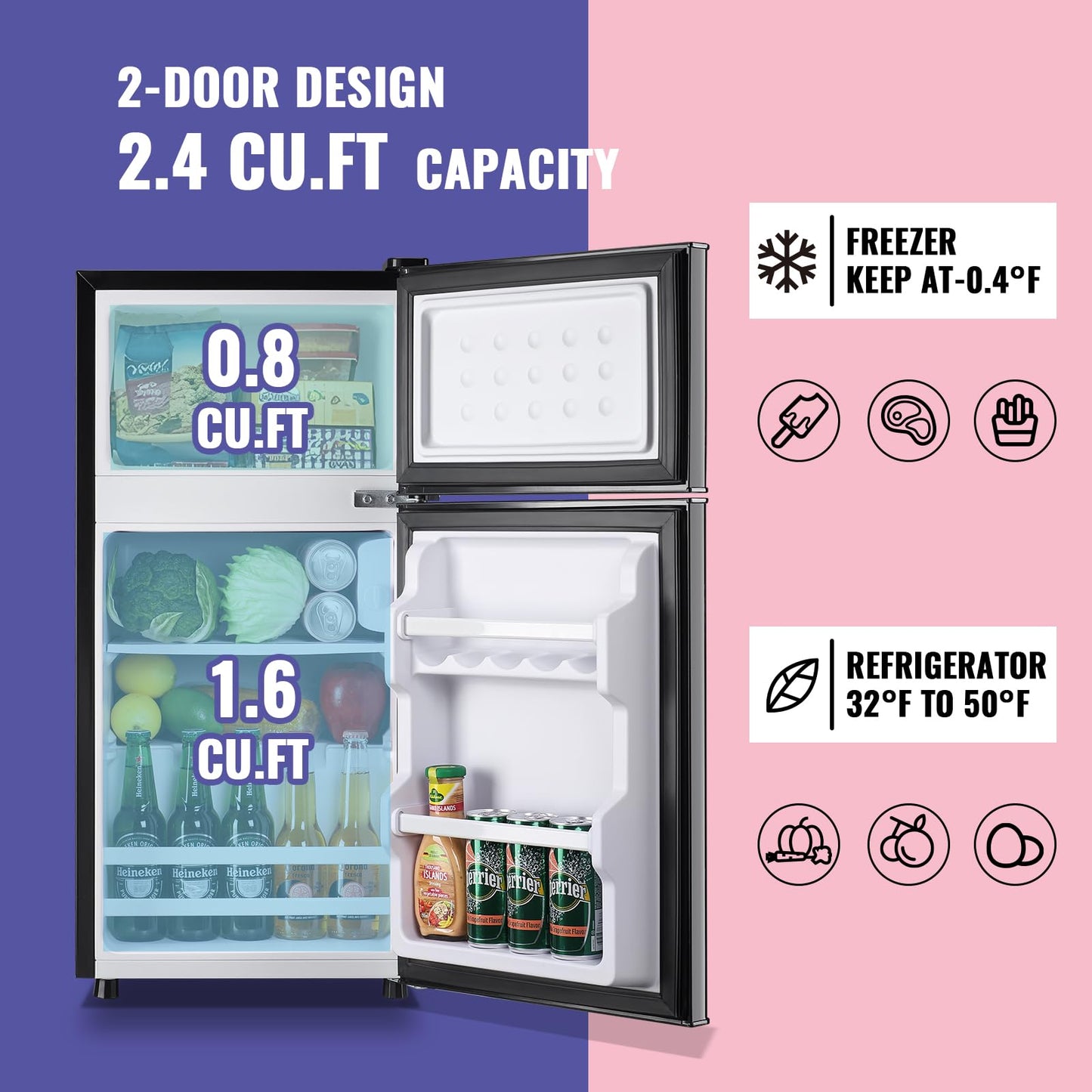 DEMULLER 2.4 Cu.Ft Small Refrigerator with Freezer Dorm Mini Fridge with Removable Plastic Shelves Mini Refrigerator Ideal for Home, Office,Dormitory Gray