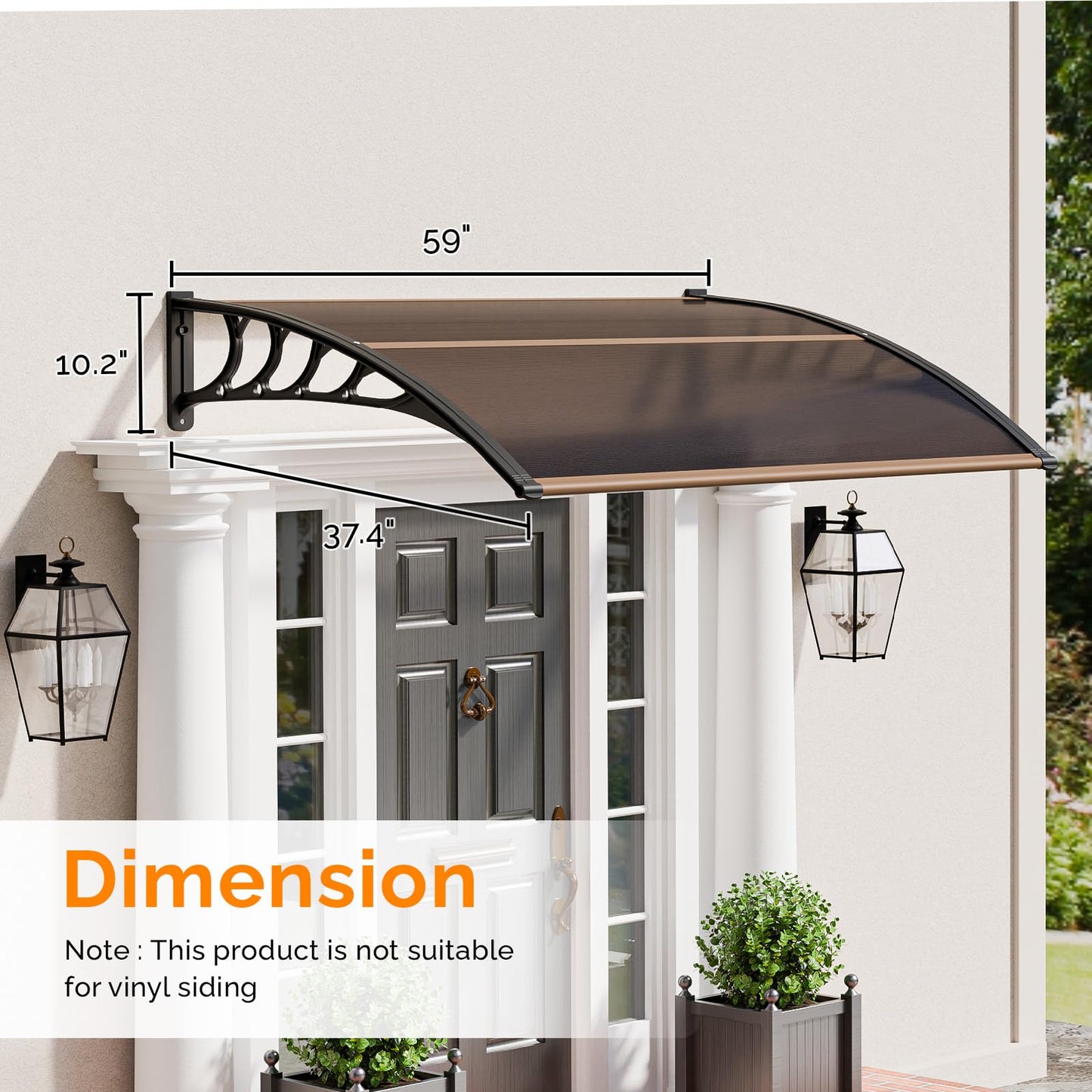VINGLI Window Awning Door Canopy Exterior, 40" x 60" Awnings for Doors Polycarbonate Cover Patio Door Awning Rain Snow Sunlight Protection Hollow Sheet (Brown Board & Black Bracket)