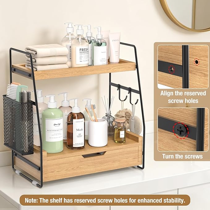2 Tier Bathroom Counter Organizer Wood - Tiered Bathroom Countertop Shelf with Drawer, Removable Basket & 2 Hooks, Makeup Vanity Organizer for Skincare Perfume Toiletries, 13'' Wood