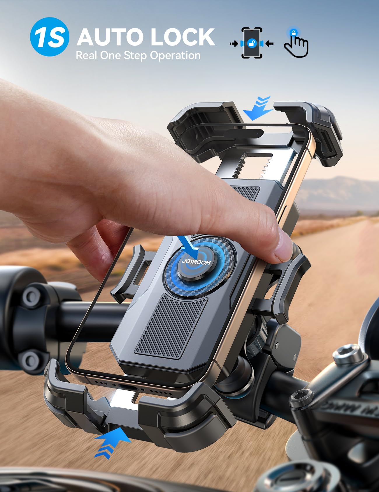 JOYROOM Motorcycle Phone Mount Holder - [Dual Vibration Dampener] 150mph Anti-Shock Phone Holder for Motorcycle [Upgrade Metal Handlebar Clamp] - Bicycle Bike Phone Holder Mount for 4.7-7" Cell Phones