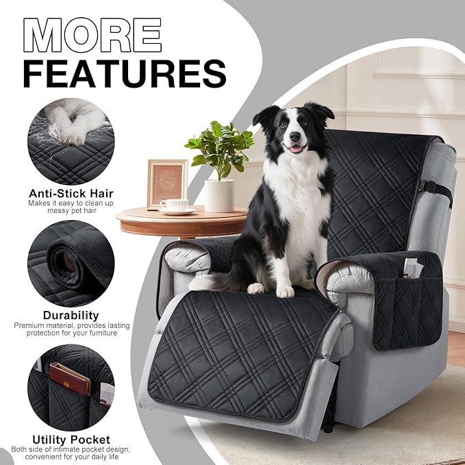 TAOCOCO 100% Waterproof Recliner Chair Cover, Recliner Covers for Recliner Chair with Pocket, Non Slip Reclining Chair Cover Furniture Protector for Kids, Pets(30'', Black-Velvet)