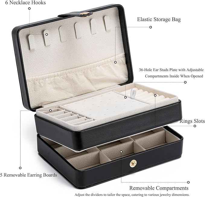 MODENGKONGJIAN Jewelry Organizer Box, 2-Layer Large Jewelry Storage Case, Portable Travel Jewelrys Display Holder for Earrings, Necklaces, Bracelets (Black, PU Leather)