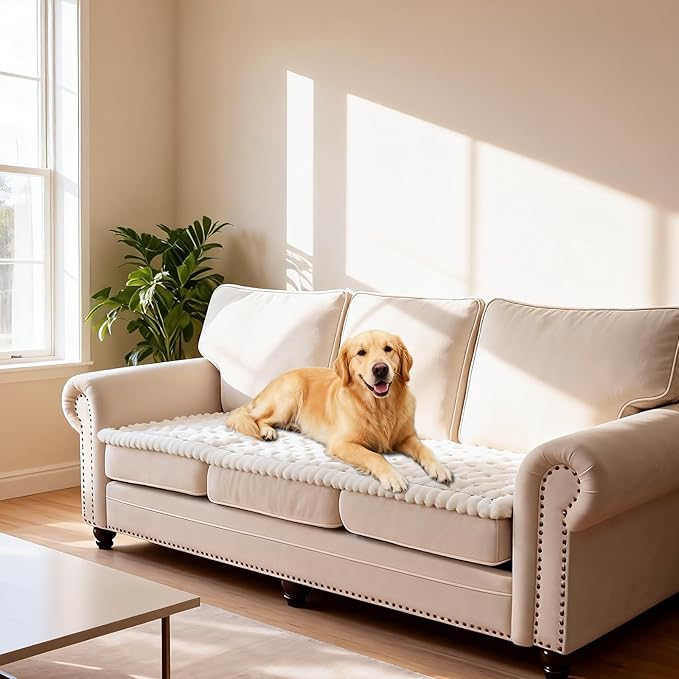 Waterproof Couch Cover for Dogs Washable,Non Slip Fuzzy Durable Couch Covers for 3 Cushion Sofa Pet Friendly Sofa Cover Dog Thick Soft Slipcovers Protector Couches Mat Bed (Beige, 27.6" x 82.7")