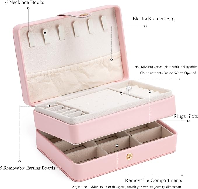 MODENGKONGJIAN Jewelry Organizer Box, 2-Layer Large Jewelry Storage Case, Portable Travel Jewelrys Display Holder for Earrings, Necklaces, Bracelets (Pink, PU Leather)
