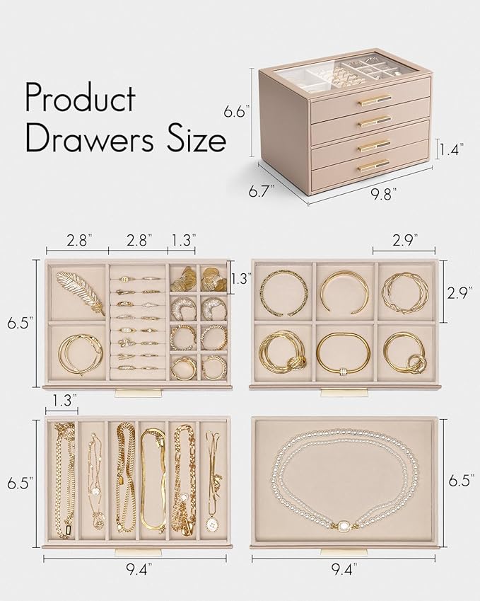 VLANDO 4 Layer Jewelry Box for Women, Glass Lid Jewelry Organizer with 4 Drawers for Necklaces Rings Earrings Bracelets - Toffee