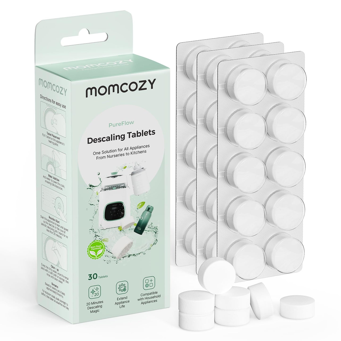 Momcozy Official Descaling Tablets, Compatible KleanPal Pro Baby Bottle Washer, Descaler for Milk & Limescale Removal, 30 Count