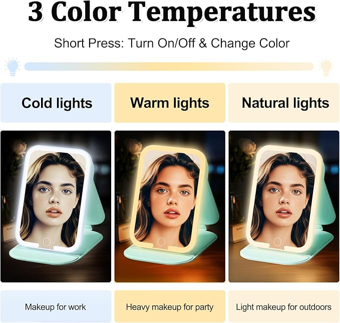 Rechargeable Travel Mirror with Light, LED Makeup Mirror with Lights, Portable Vanity Mirror with 3 Color Lighting, Touch Dimmable Lighted Cosmetic Mirror, Travel Essentials (Light Green)