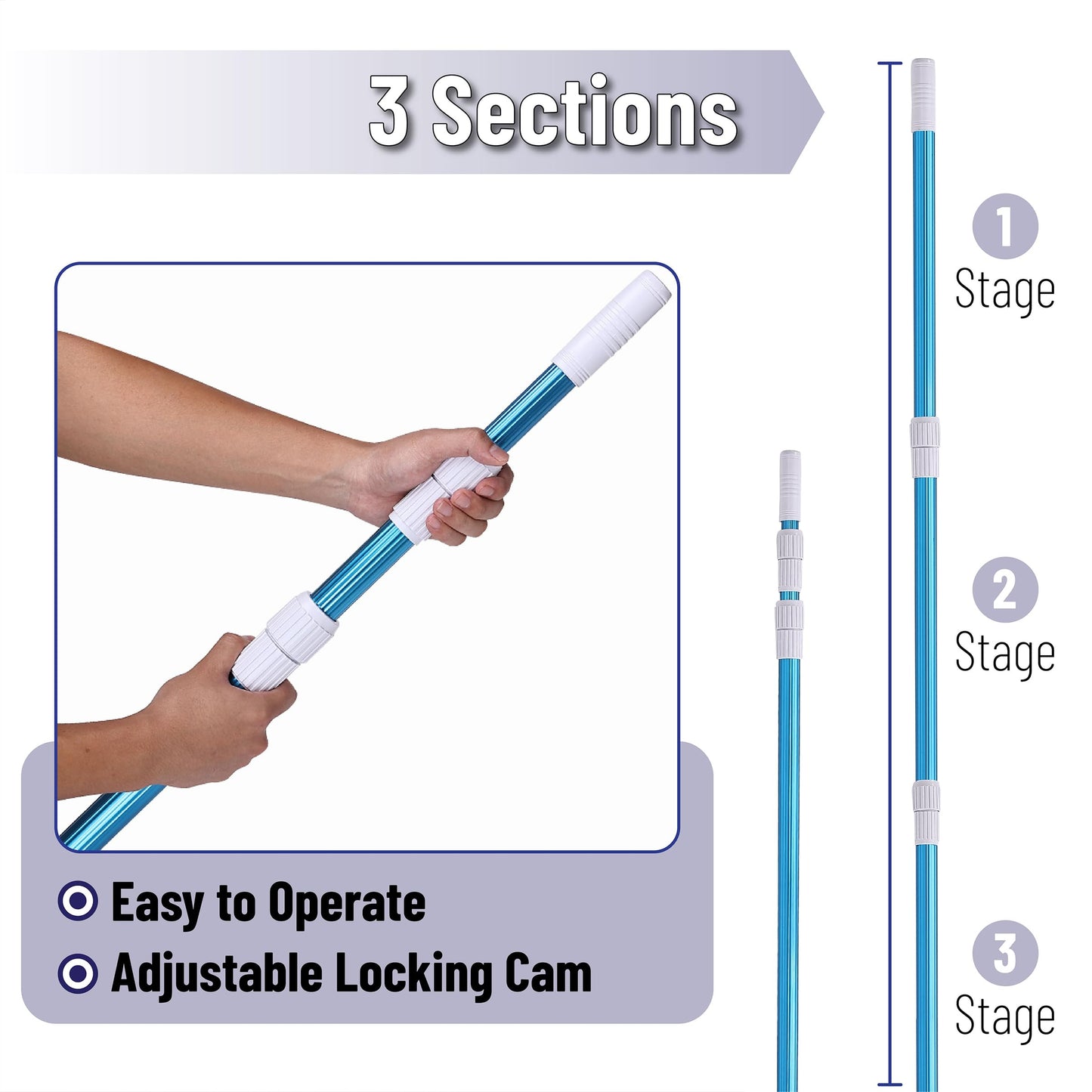 UNCO- Telescopic Pool Pole, 12Ft, Adjustable 3Piece Expandable Step-Up, Pool Brush Pole for Cleaning