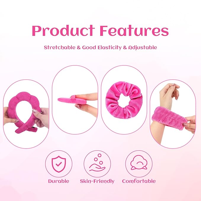 7Pcs Puffy Spa Set: Terry Cloth Headband, Wristbands, Scrunchies, Powder Puffs, and Sponges for Skincare, Face Washing, and Makeup Removal - Rose