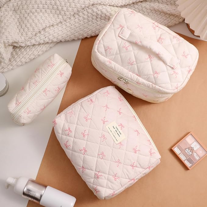 uekeboag Large Travel Quilted Makeup Bag for Women, Floral Cotton Cosmetic Bag, Coquette Aesthetic Floral Toiletry Organizer Bag