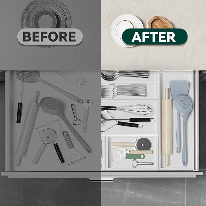 Lixple Kitchen Drawer Organizer - 2 Pack, Stackable Bamboo Drawer Organizers, Wooden Storage Box Tray for Cabinet, Pantry, Bathroom Countertop, Multi-use Organization and Storage (White)