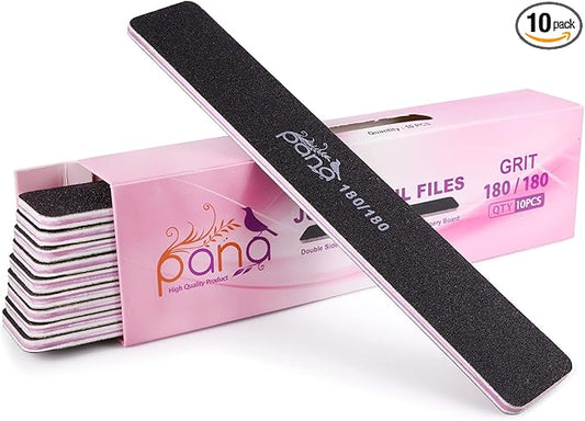 10PCS Jumbo Size PANA Professional Double Sided Nail Files - Black, 180/180 Grit - Emery Board Nail Buffering File Manicure Pedicure Nail Polisher Washable