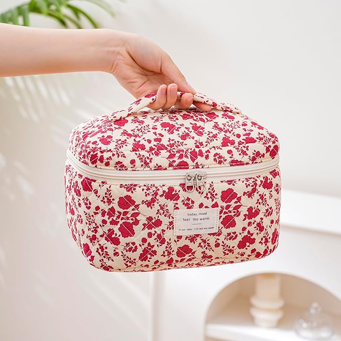 uekeboag Large Travel Quilted Makeup Bag for Women, Floral Cotton Cosmetic Bag, Coquette Aesthetic Floral Toiletry Organizer Bag