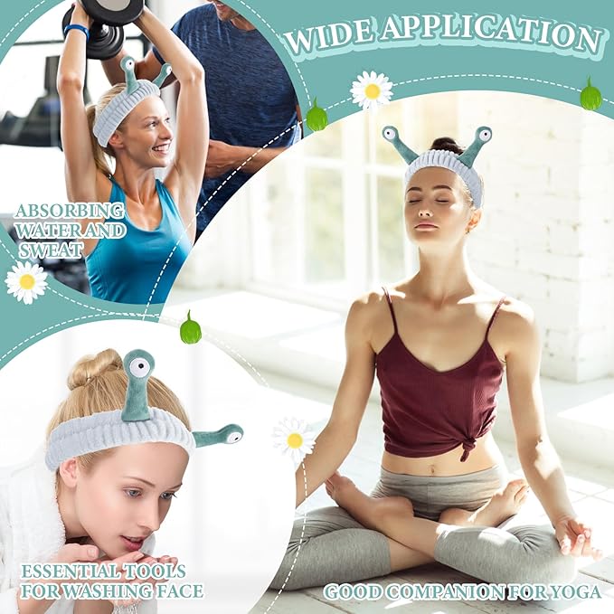 Face Wash Headband, Palm and Snail Spa Hair Bands Makeup Headbands Women Cartoon Cute Coral Fleece Elastic Headband Creative Hair Accessories for Washing Face Shower Sports (Blue&Green)