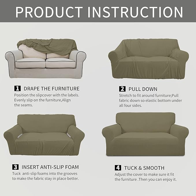 Easy-Going Stretch Loveseat Slipcover 1-Piece Sofa Cover Furniture Protector Couch Soft with Elastic Bottom for Kids Polyester Spandex Jacquard Fabric Small Checks (Loveseat, Khaki)