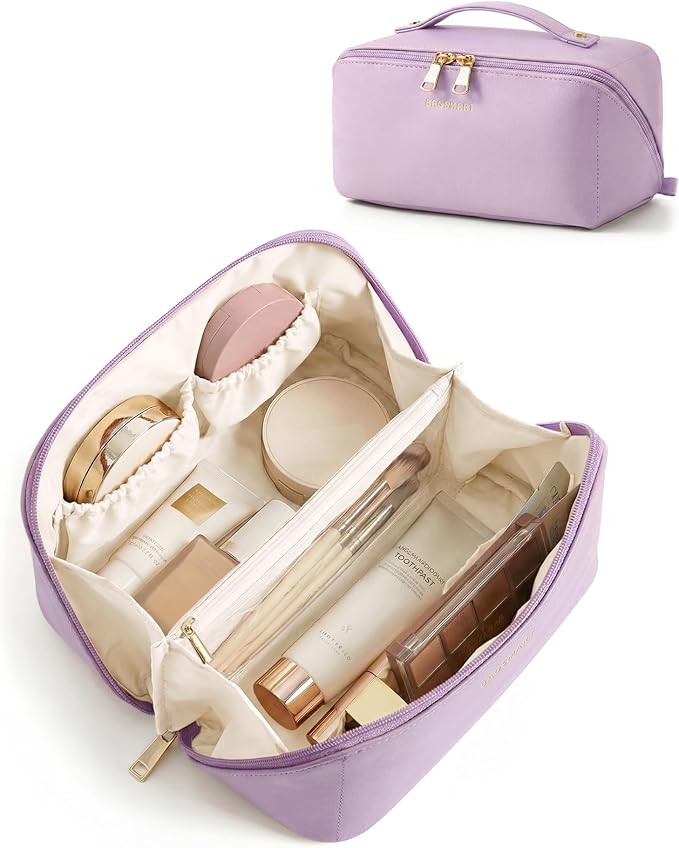 BAGSMART Makeup Bag Travel Cosmetic Bag, Large Make Up Bag Flat Open Toiletry Bag for Women, PU Leather Travel Essentials Organizer Case, Wide-open Pouch Purse for Skincare, Brushes, Lilac