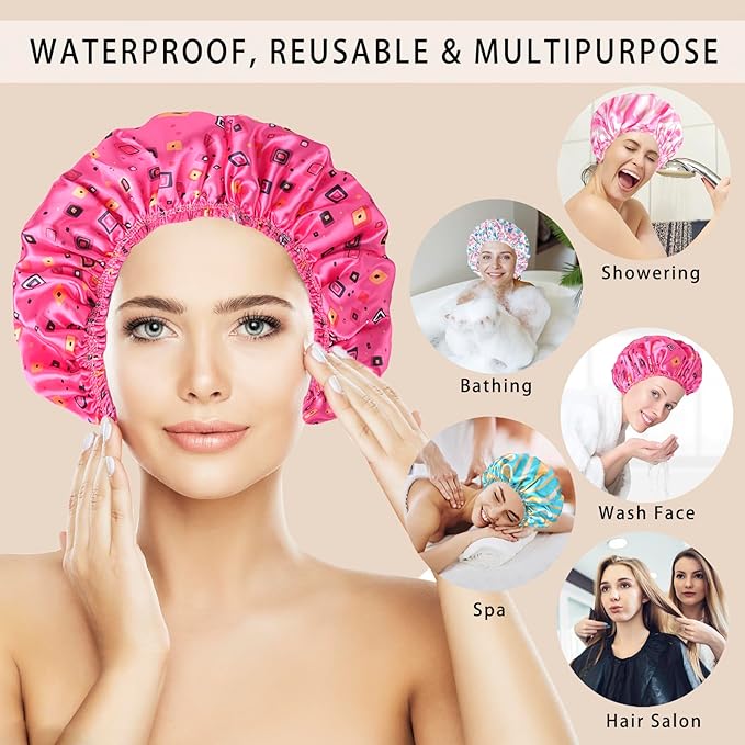 4 PCS Shower Cap for Women, Elastic and Reusable Bath Caps, Double Layers Shower Caps Reusable Waterproof, Bathing Shower Caps, Environmental Bath Hair Protection Cap - Stripes