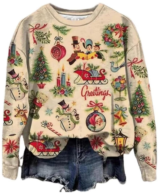GREFLYING Vintage Christmas Shirts For Women Retro Christmas Sweatshirt Xmas Long Sleeve Lightweight Sweatshirt Pullover Tops(Multicolor,L)
