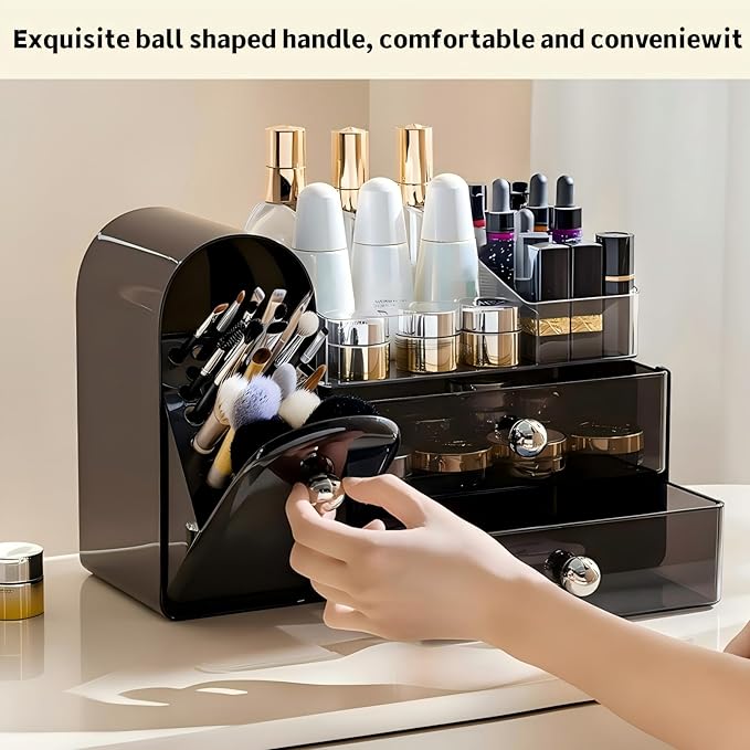 Makeup Organizer for Vanity with Covered Brush HolderÃ¯Â¼ÂBathroom Organizers with DrawerÃ¯Â¼ÂSkin Care OrganizerÃ¯Â¼ÂMakeup Organizers for Vanity with DrawerÃ¯Â¼ÂLarge Makeup Storage for Dresser, Black