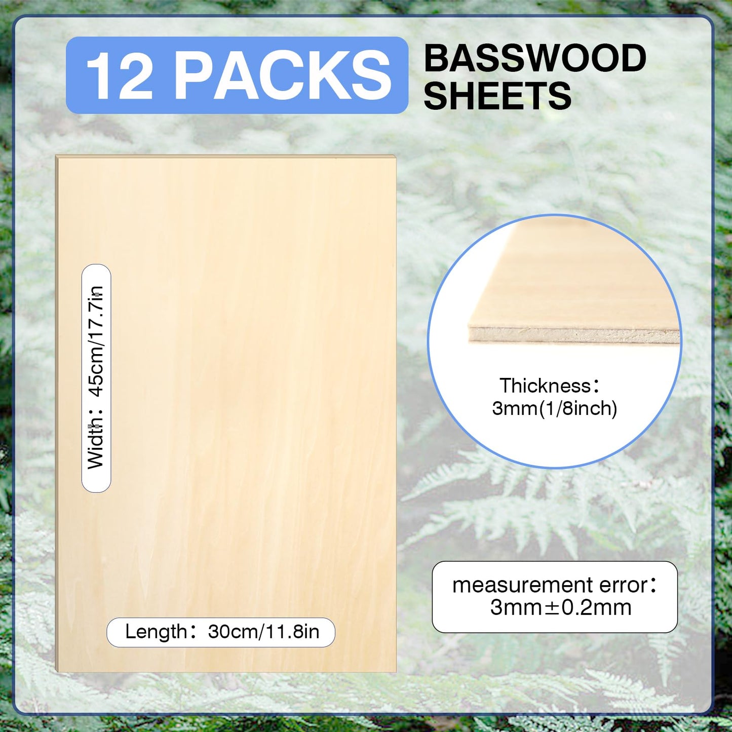 12 Pack Basswood Sheets for Crafts 12 x 18 x 1/8 in, 3mm Thick Unfinished Plywood for Laser Cutting & Engraving, DIY Ornaments and Architectural Model