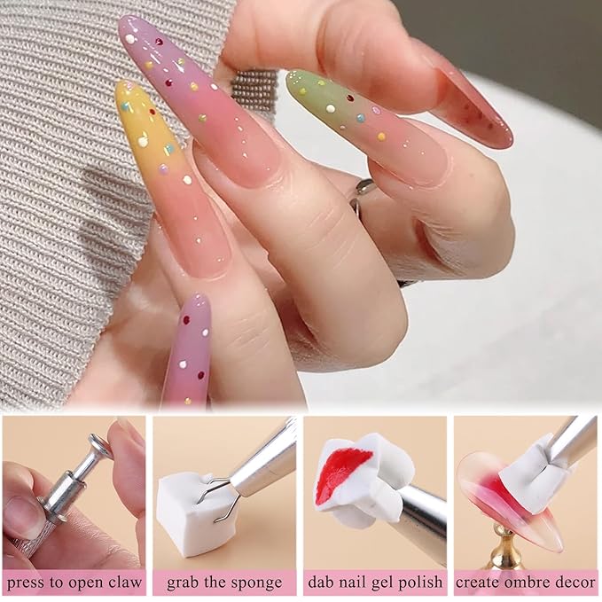 100Pcs Soft Nail Sponges for Ombre, Gradient Effect White Nail Art Sponges With Grabbing Pen 6Pcs Wedge Sponges Aura Nails Ombre Nail Brush Professional Accessories Manicure Salon Supplies