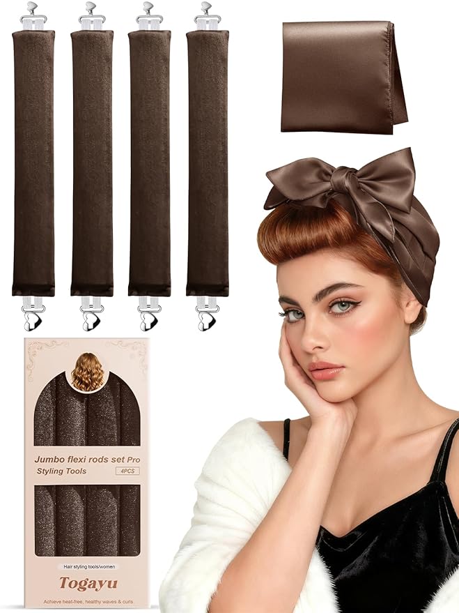 Heatless Curls Overnight Set for Natural Hair, Comfortable Easy-Lock Rollers, Heat-Free Hair Curlers for Long Textured Hair, 4PCS Brown
