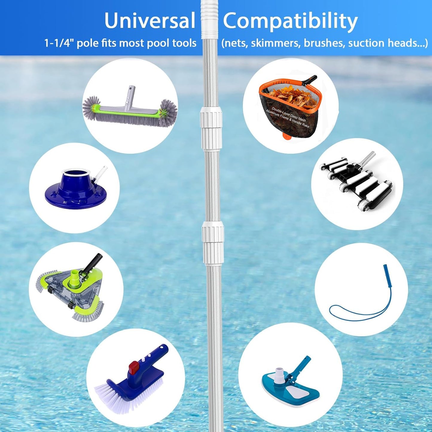 WXFANA 15FT Telescopic Pool Pole, Pool Skimmer Pole Heavy Duty, Adjustable 3 Piece Expandable Step-Up, Universal Pole for Skimmer Nets, Rakes, Brushes, Vacuum Heads Cleaning.