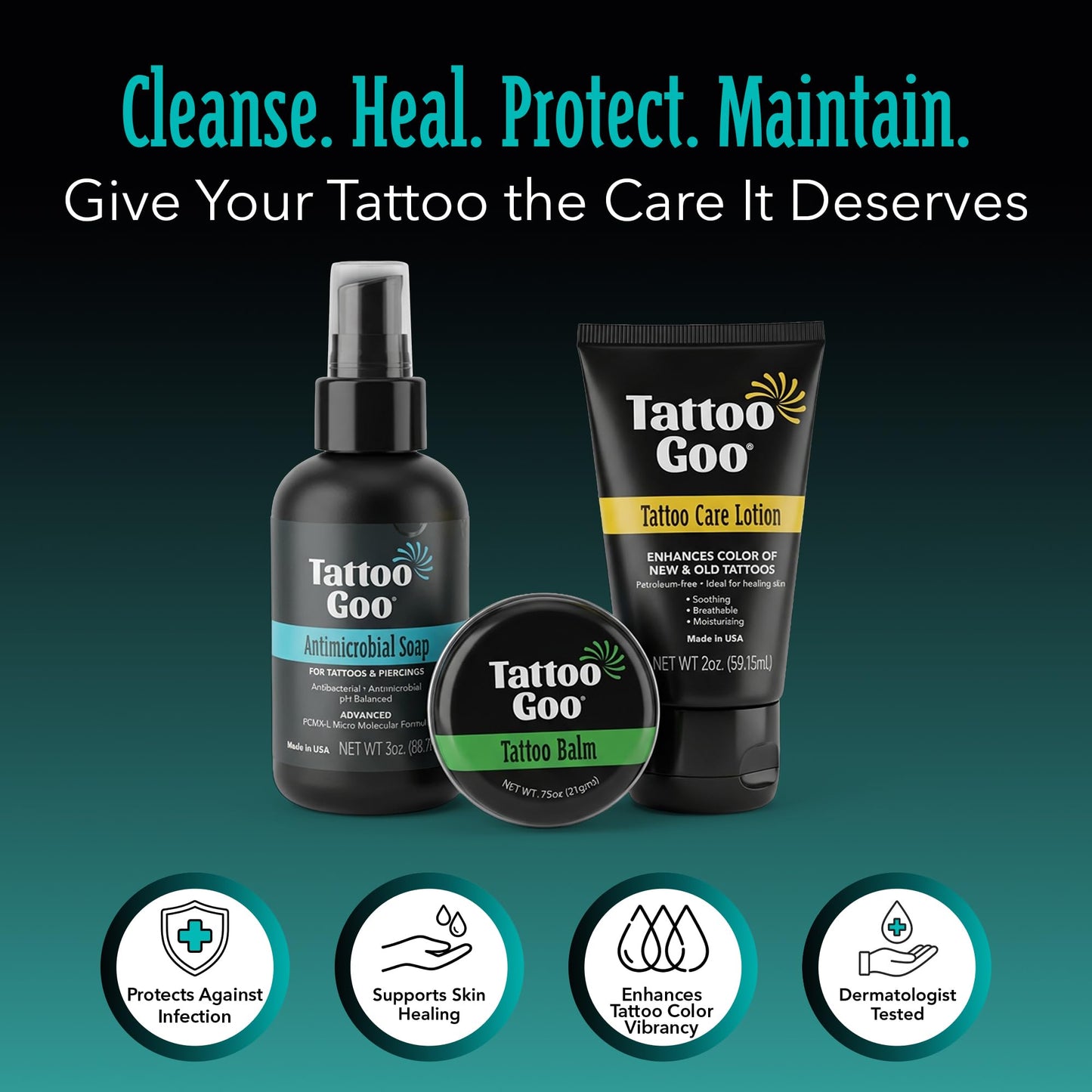 Tattoo Goo Aftercare Kit Includes Antimicrobial Soap, Balm, and Lotion, Tattoo Care for Color Enhancement + Quick Healing - Cruelty-Free, Petroleum-Free, Tattoo Artist Gifts (3 Piece Set)