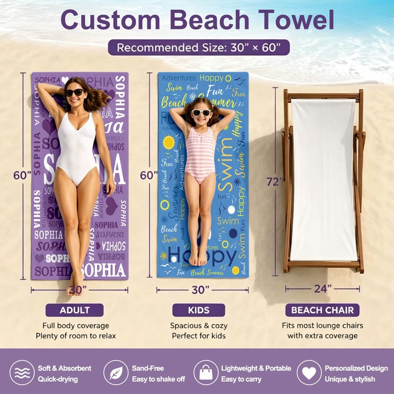Jecivila Personalized Beach Towel with Name, Custom Microfiber Beach Towels for Kids & Adults, Sand Free Quick Dry Oversized Bath Towel for Pool Swim Travel Camping Summer Vacation Birthday Gift