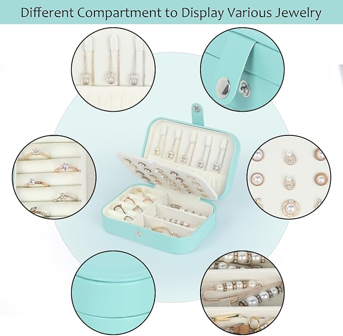 Hatori Travel Jewelry Box, PU Leather Small Jewelry Organizer for Women Girls, Portable Mini Travel Case Display Storage Holder Boxes for Stud Earrings, Rings, Necklaces, Bracelets (Turquoise)